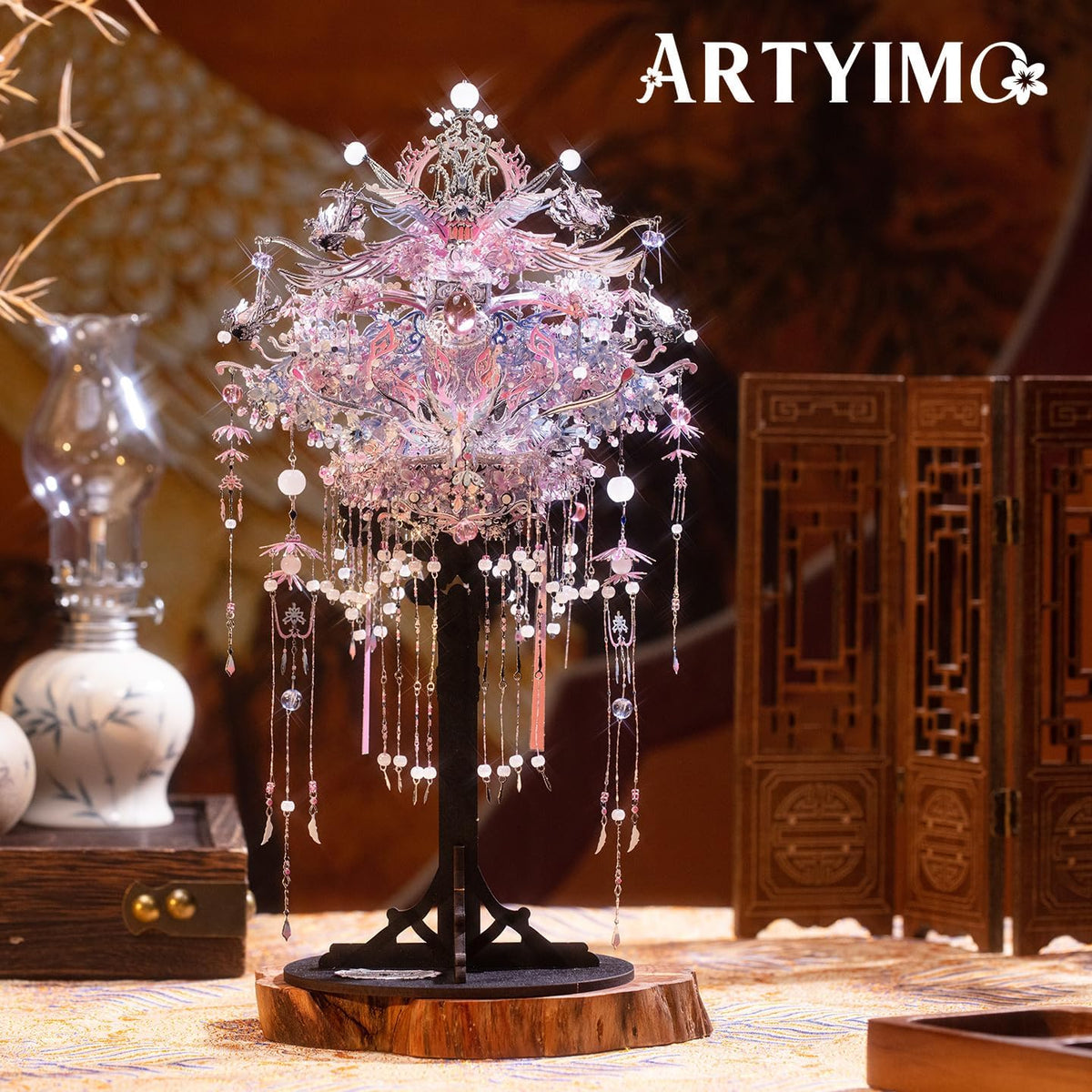 MU 3D Metal Puzzle Phoenix Dance Rosy Crown Model Kit with Display Stand, DIY Assembly Building Kit for Adults Teens 14+, Chinese Traditional Phoenix Crown Collectible, 6-Star Difficulty