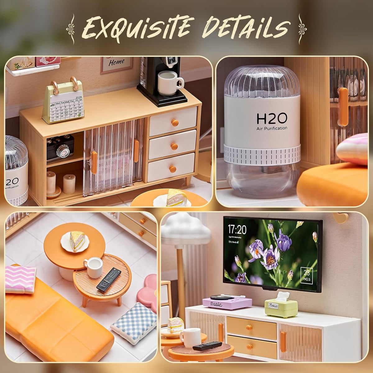 Miniature Living Room DIY Kit, 92Pcs 1:24 Scale Dollhouse with LED