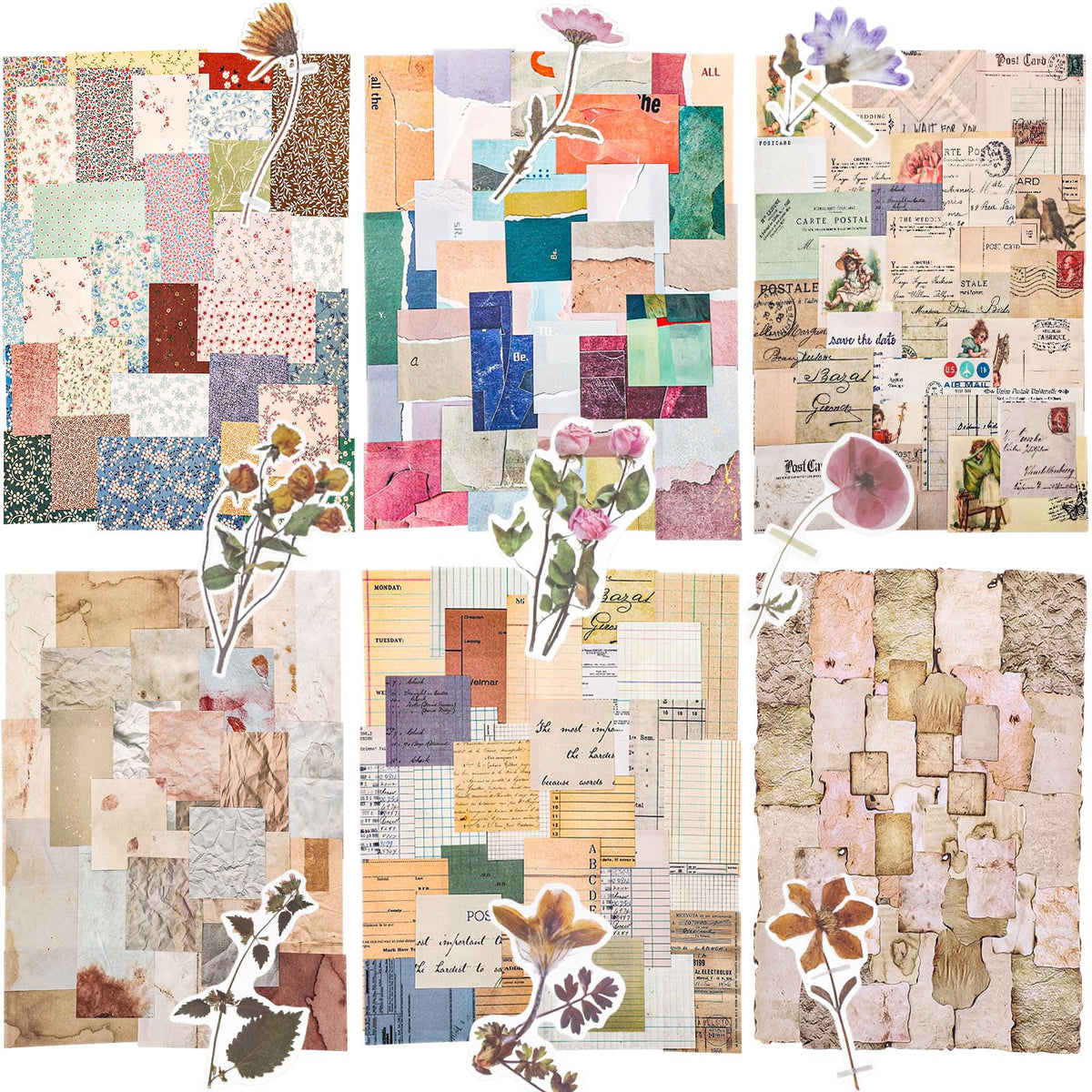 445 Pcs Vintage Scrapbook Paper with Floral Stickers for Junk Journal