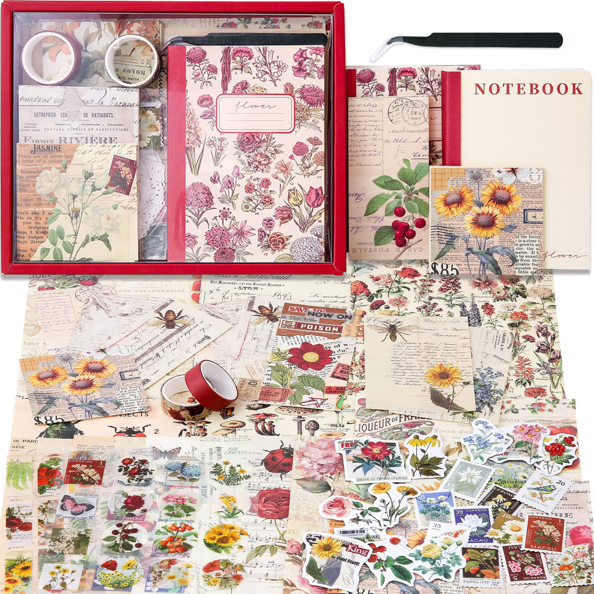 Scrapbooking Supplies Kit, Vintage Botanical Aesthetic Scrapbook Kit for Bullet Junk Journal, Stationery, A6 Grid Notebook, Flower DIY Journaling Supplies, Birthday Craft Gift for Teen Girl Women