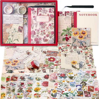 Scrapbooking Supplies Kit, Vintage Botanical Aesthetic Scrapbook Kit for Bullet Junk Journal, Stationery, A6 Grid Notebook, Flower DIY Journaling Supplies, Birthday Craft Gift for Teen Girl Women