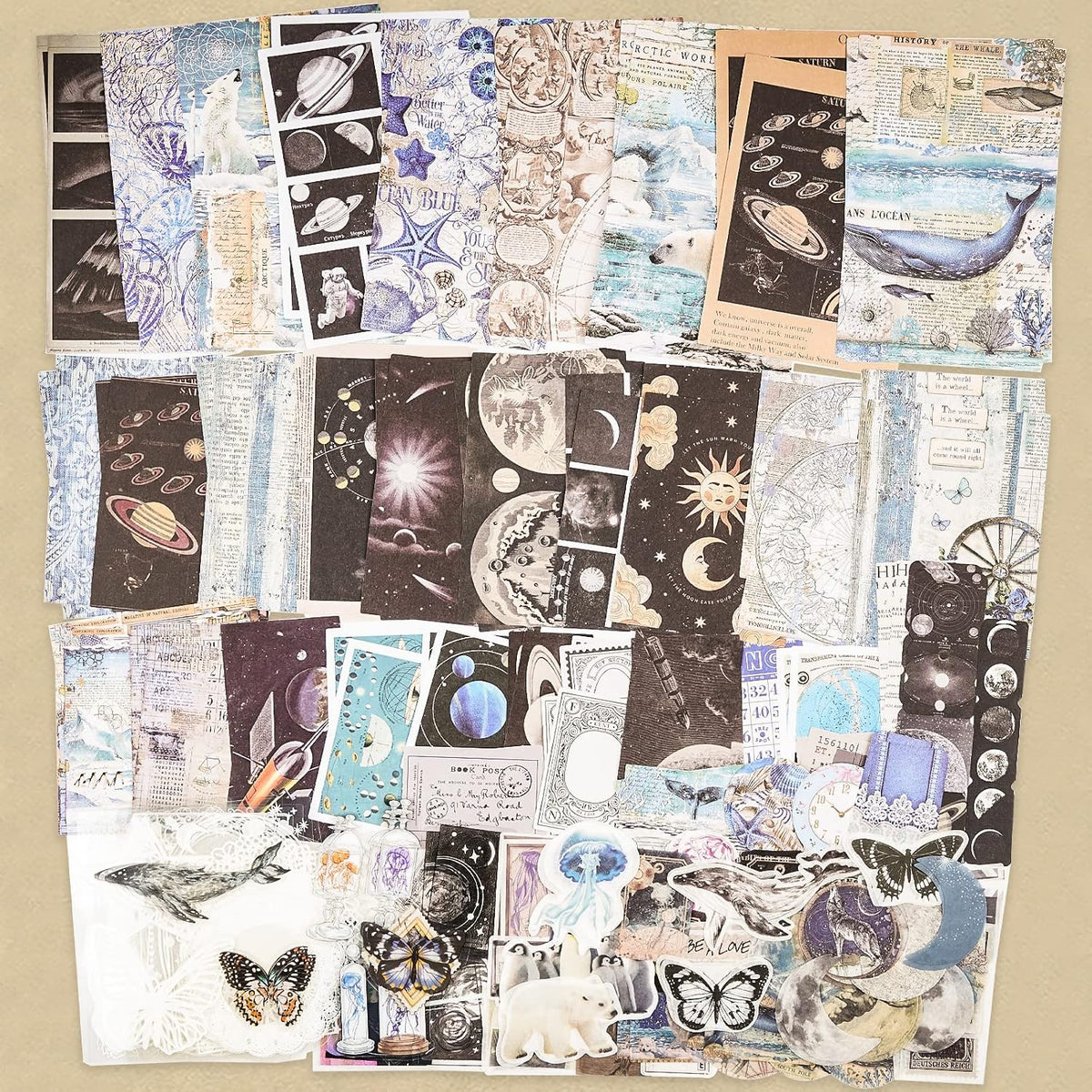 Knaid 200 Piece Vintage Ephemera Bundle - Paper & Sticker Kit for Junk Journaling, Scrapbooking, Planners, Bullet Journals, Collage, Decoupage - Black/Blue Tones