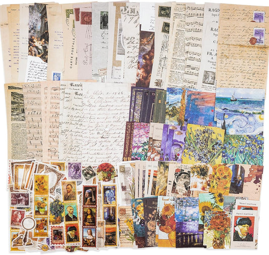 Knaid Vintage Scrapbook Supplies Pack (200 Pieces) for Junk Journal Bullet Journals Planners Aesthetic Paper Stickers Craft Kits Cottagecore Collage Album (Artistic)