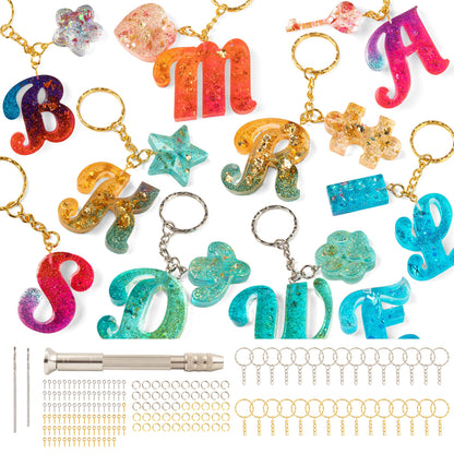 Mocoosy 134Pcs Alphabet Keychain Resin Molds Kit, Reversed Letter Number Silicone Mold Epoxy Resin Casting Molds Key Chain Making Set with 1 Hand Drill 2 Drill Bits 30 Key Rings 100 Screw Pin