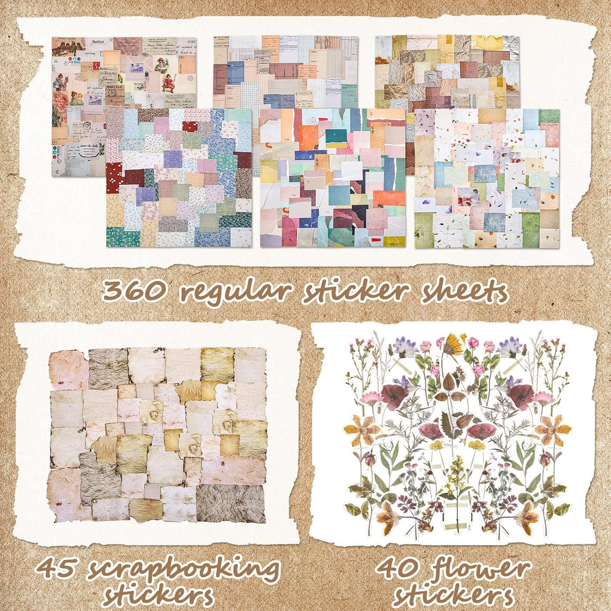445 Pcs Vintage Scrapbook Paper with Floral Stickers for Junk Journal