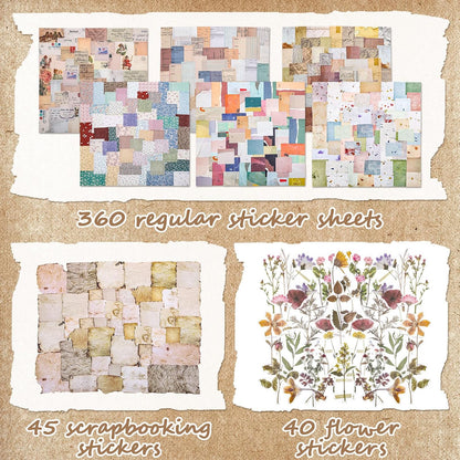 445 Pcs Vintage Scrapbook Paper with Floral Stickers for Junk Journal