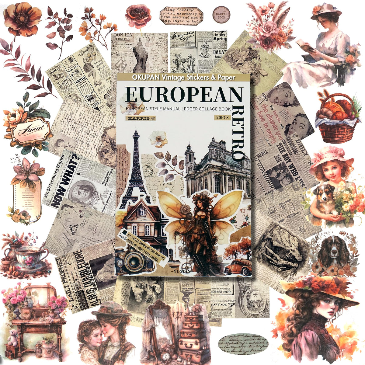Vintage Floral Scrapbook Paper & Journaling Stickers, 400pcs
