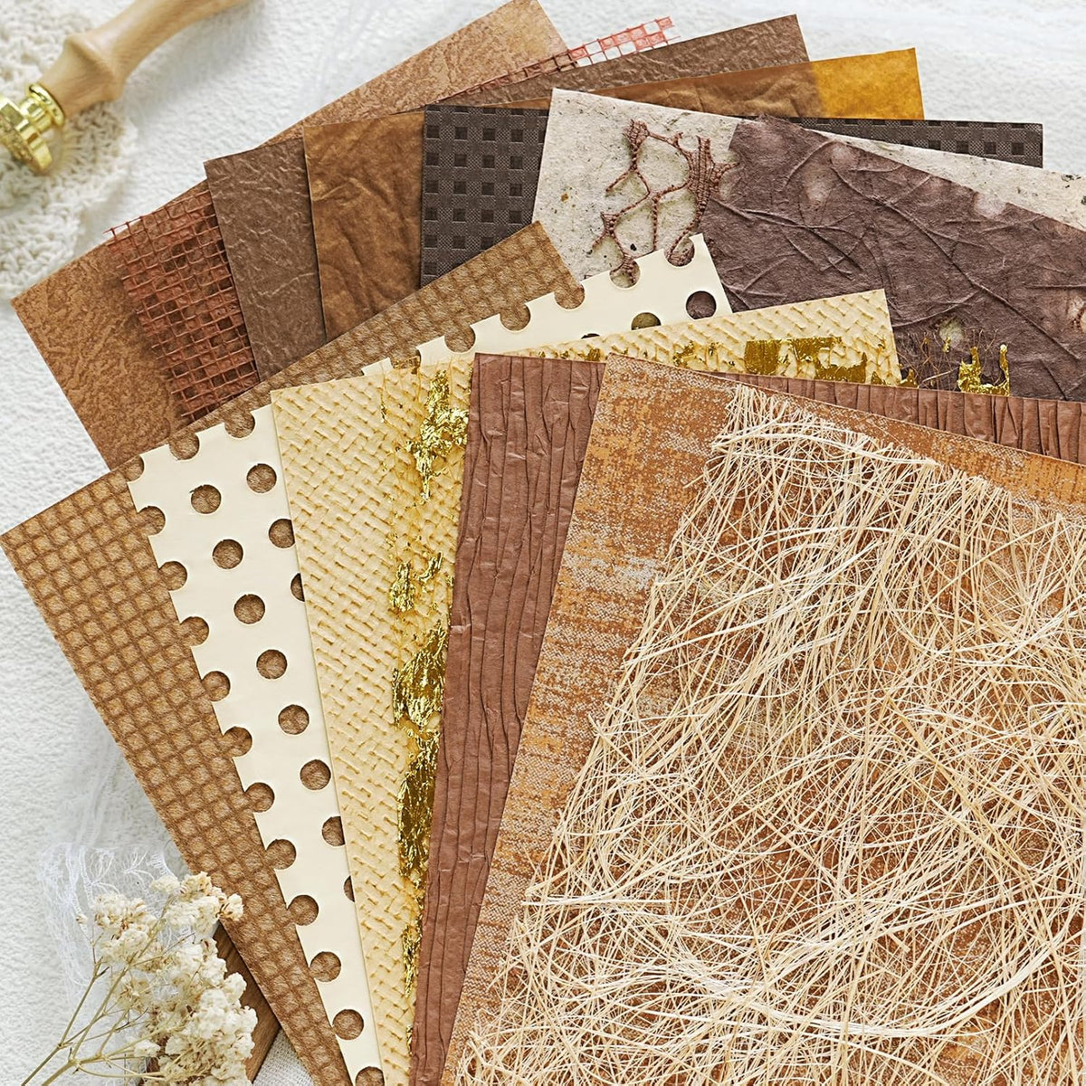 20 Pcs Handmade A5 Textured Scrapbook Paper&Mesh, Junk Journal Supplies