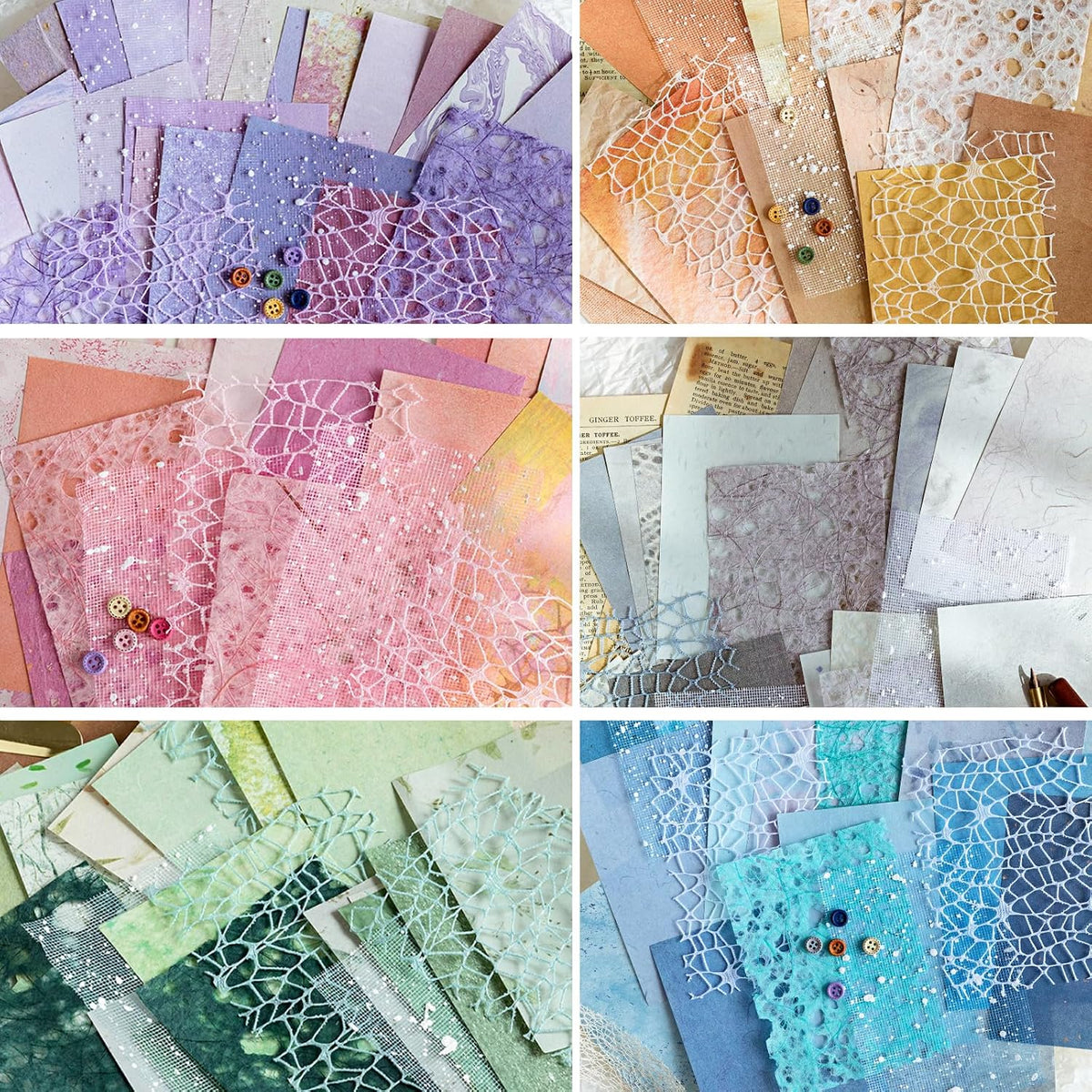156 Sheets Textured Scrapbook Paper & Mesh Fabric Assorted Set +30 Buttons - 6 Pack Mixed Special Paper for DIY Scrapbooking Planner Bullet Junk Journal Supplies Collage Background 3.9x5.5 Inch