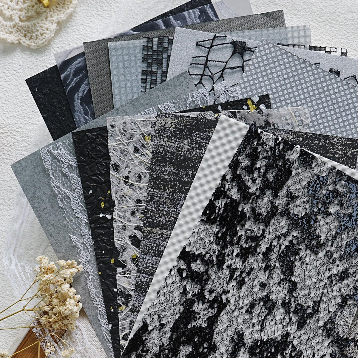 20 Pcs Handmade A5 Textured Scrapbook Paper&Mesh, Junk Journal Supplies