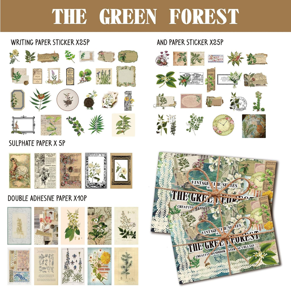 60PCS Vintage Green Forest Junk Journal Supplies Kit, Botanical Collage Paper & Stickers Set Craft Paper, Sulphate Paper, for Scrapbooking, Journaling, Planner.
