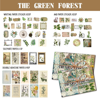 60PCS Vintage Green Forest Junk Journal Supplies Kit, Botanical Collage Paper & Stickers Set Craft Paper, Sulphate Paper, for Scrapbooking, Journaling, Planner.
