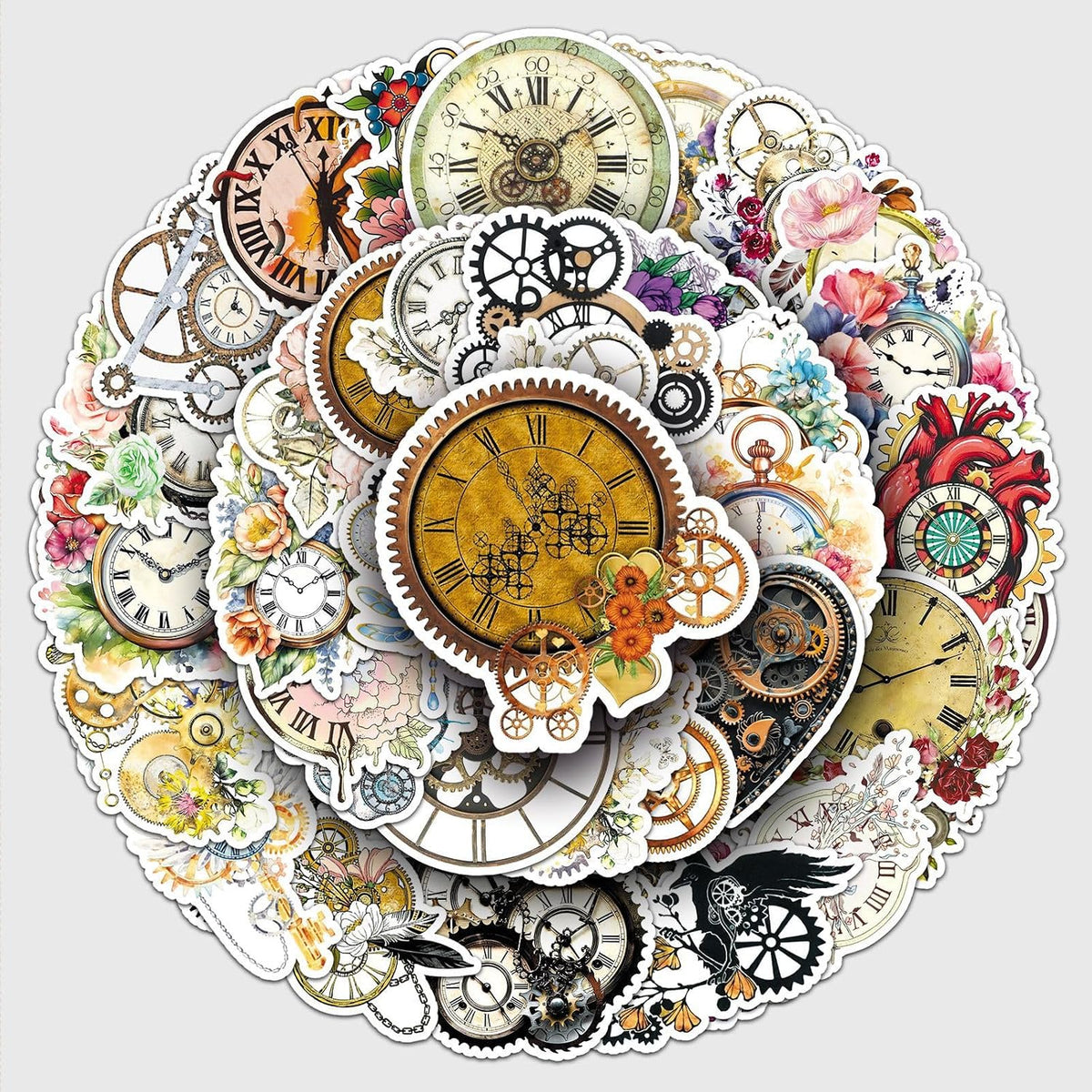 50Pcs Vintage Floral Clock Stickers, Waterproof Vinyl Mechanical Gear