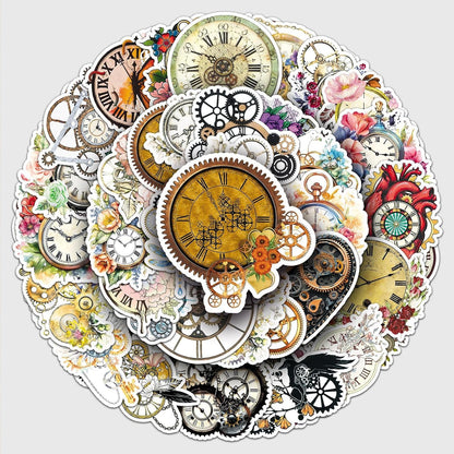 50Pcs Vintage Floral Clock Stickers, Waterproof Vinyl Mechanical Gear