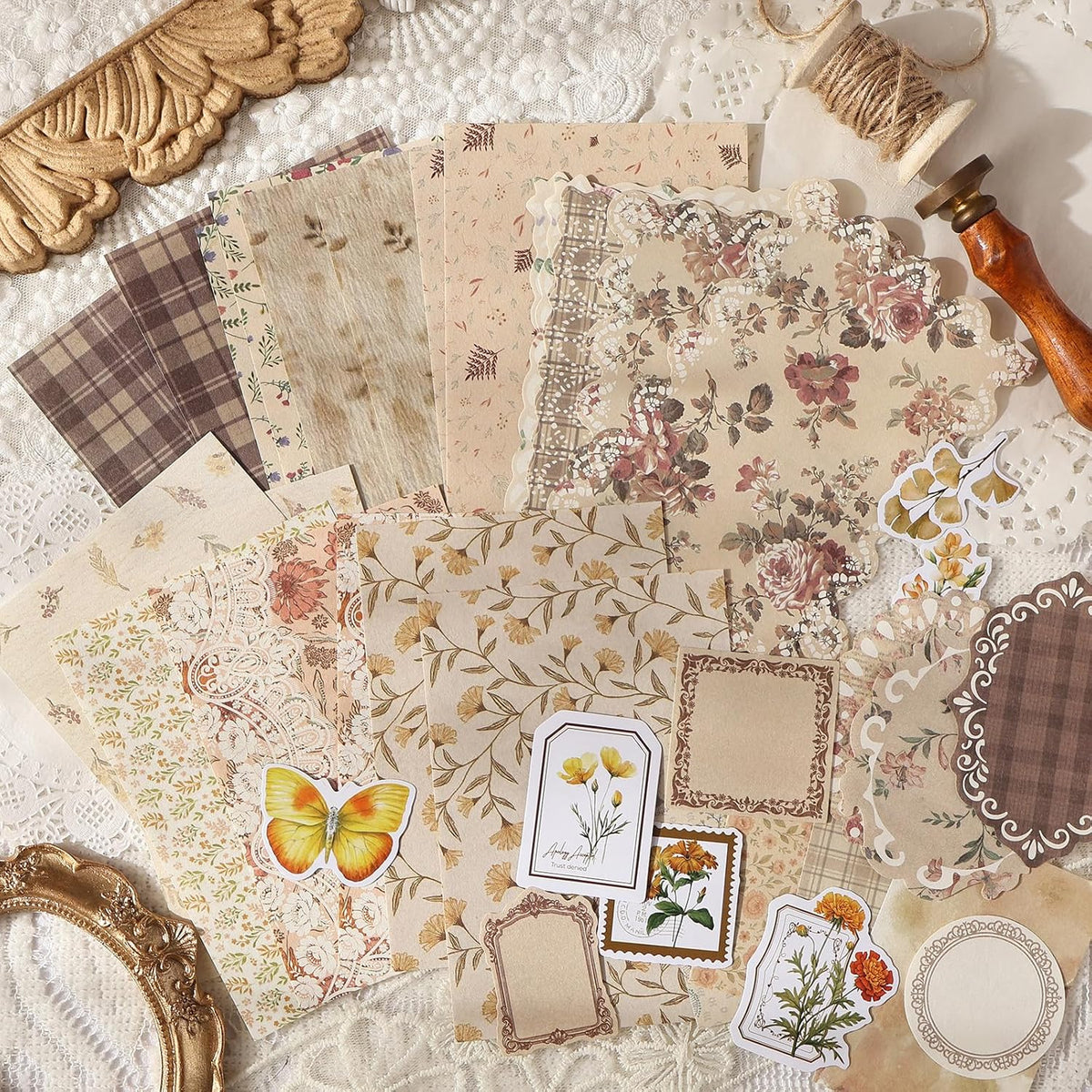 OKUPAN Scrapbook Supplies Kit – 100Pcs Vintage Floral Scrapbook Paper & Junk Journal Stickers, Journaling Supplies for Bullet Journaling, Retro Crafts, Mixed Media, Planner, Collage Card Album(Yellow)