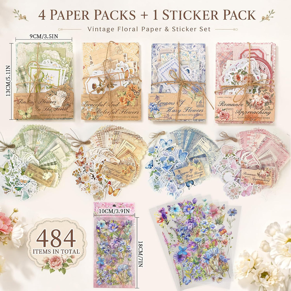 484Pcs Vintage Floral Scrapbook Supplies Kit, Paper & Journaling Stickers