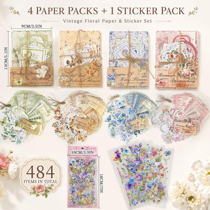 484Pcs Vintage Floral Scrapbook Supplies Kit, Paper & Journaling Stickers