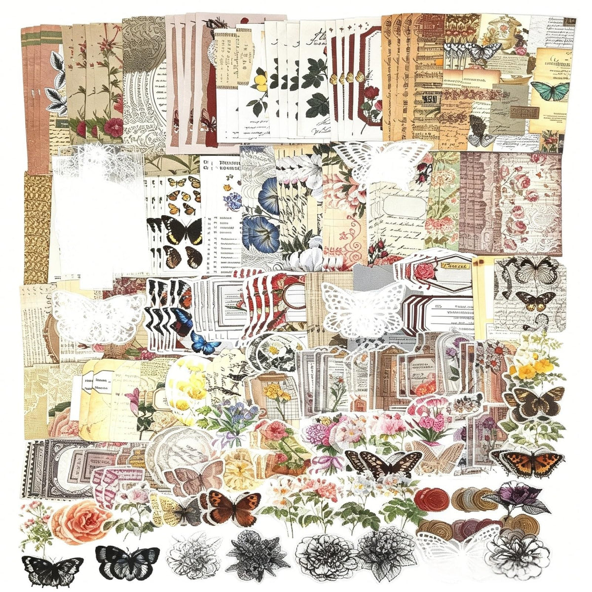 Esweny 260PCS Vintage Journaling Scrapbooking Supplies Scrapbook Sticker Paper Ephemera Pack for Junk Journal Planners Collage Craft Notebooks Album (Flowers and Butterflies)