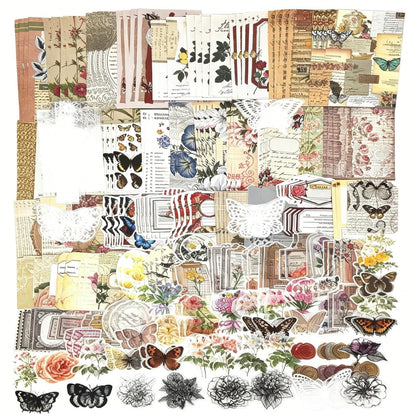 Esweny 260PCS Vintage Journaling Scrapbooking Supplies Scrapbook Sticker Paper Ephemera Pack for Junk Journal Planners Collage Craft Notebooks Album (Flowers and Butterflies)