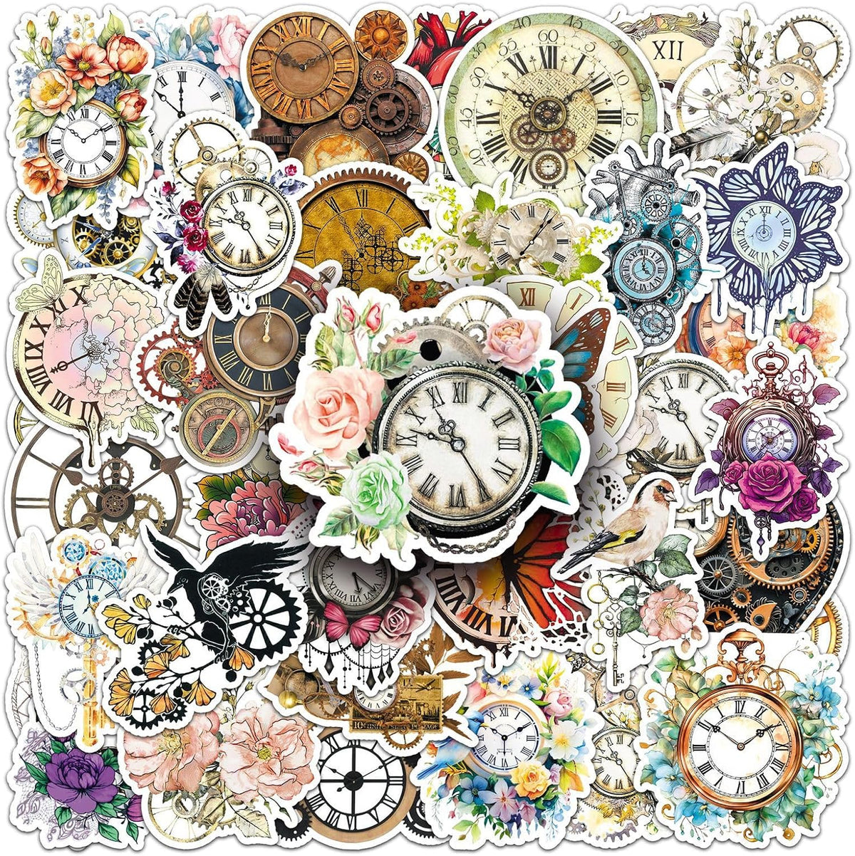 50Pcs Vintage Floral Clock Stickers, Waterproof Vinyl Mechanical Gear