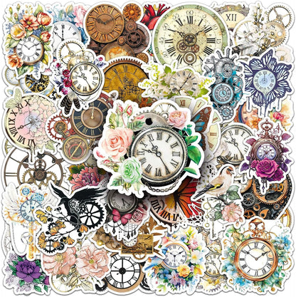 50Pcs Vintage Floral Clock Stickers, Waterproof Vinyl Mechanical Gear