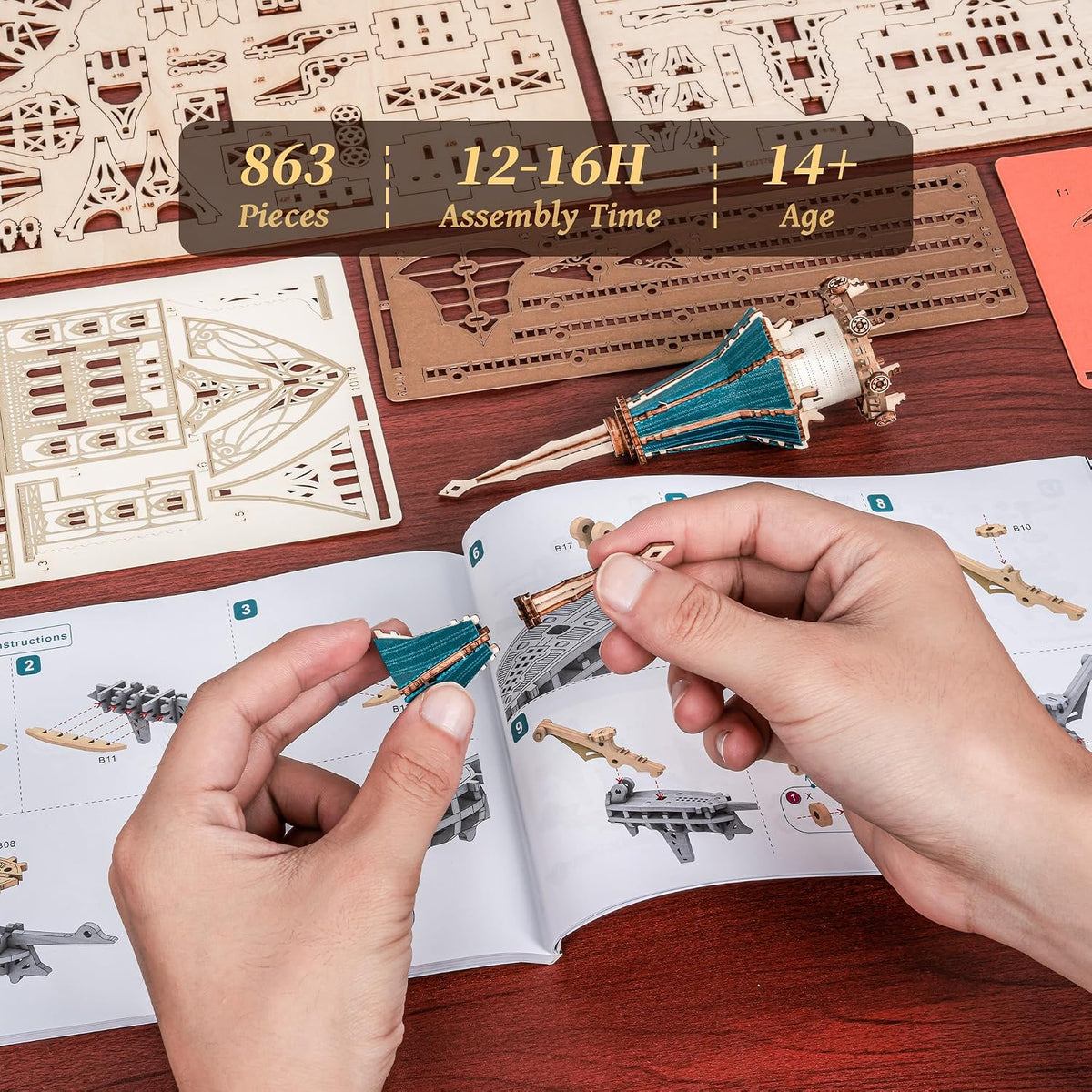 FUNPOLA 3D Wooden Puzzle Steam Castle Model Steampunk Baroque Building Kit
