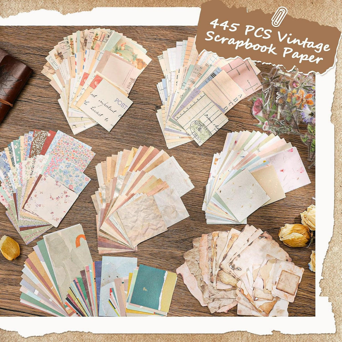 445 Pcs Vintage Scrapbook Paper with Floral Stickers for Junk Journal