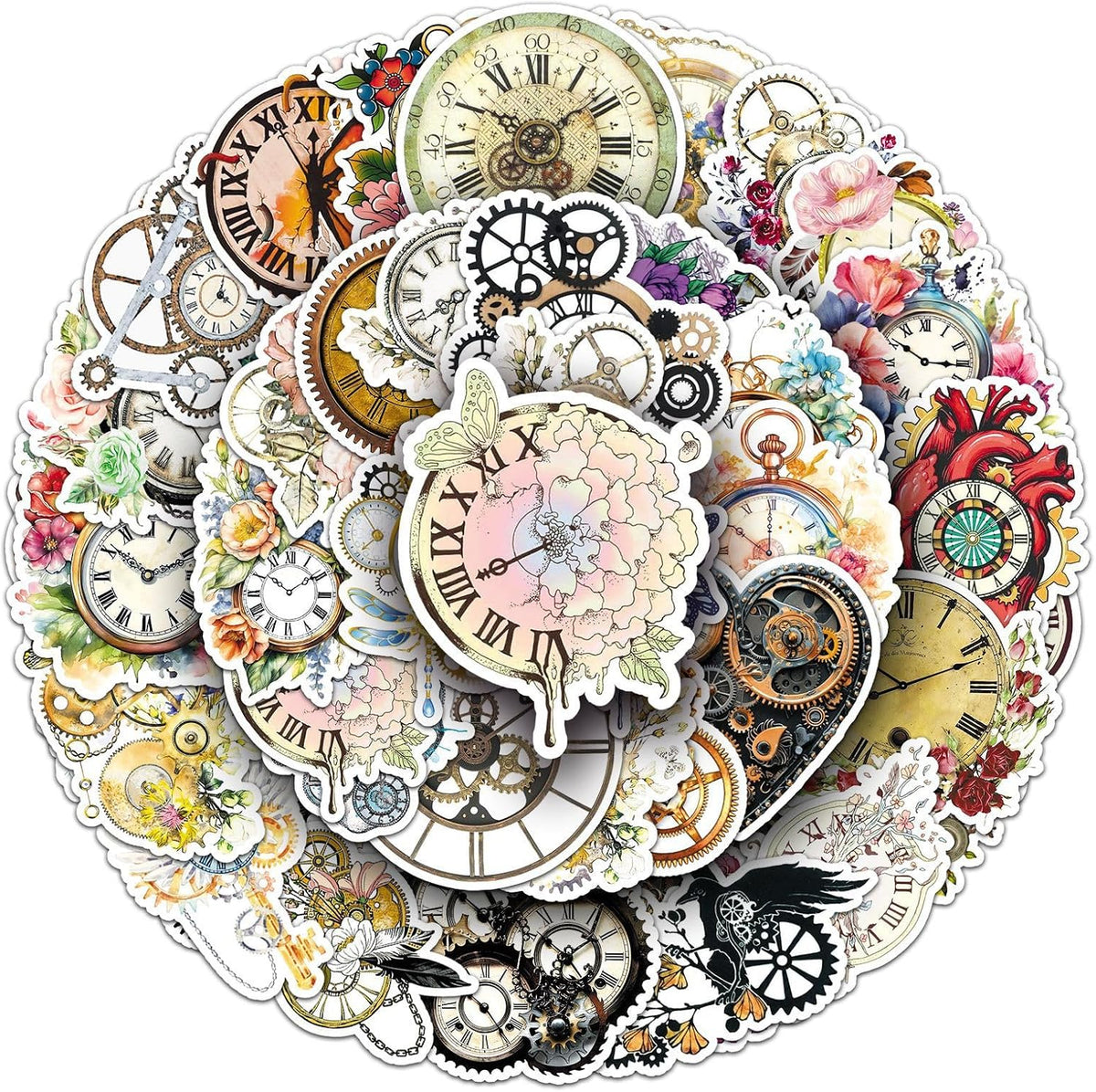 50Pcs Vintage Floral Clock Stickers, Waterproof Vinyl Mechanical Gear
