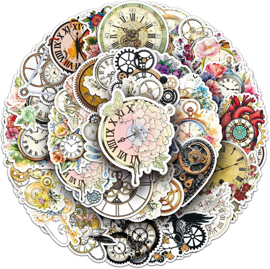 50Pcs Vintage Floral Clock Stickers, Waterproof Vinyl Mechanical Gear