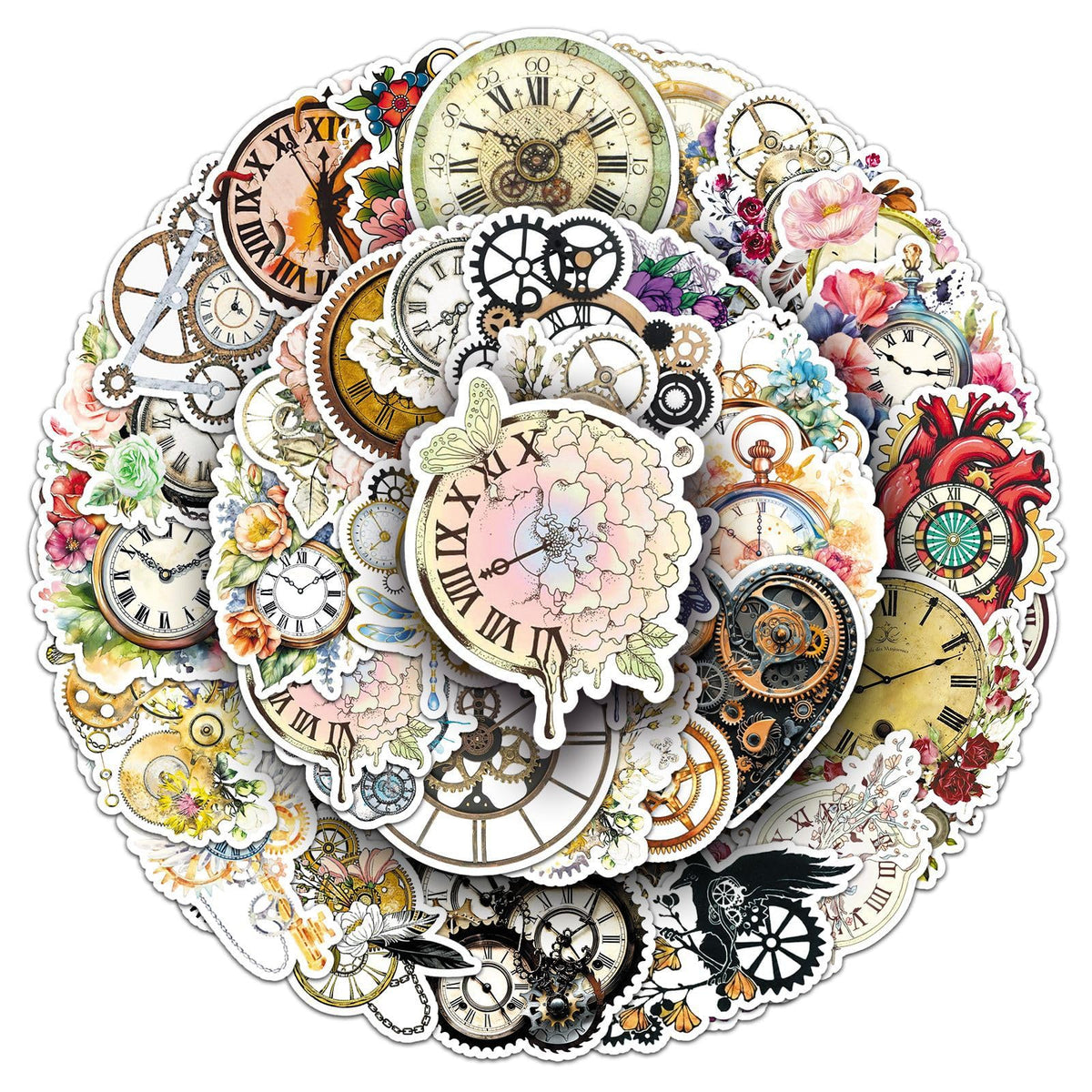 50Pcs Vintage Floral Clock Stickers, Waterproof Vinyl Mechanical Gear