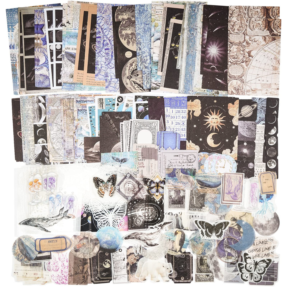 Knaid 200 Piece Vintage Ephemera Bundle - Paper & Sticker Kit for Junk Journaling, Scrapbooking, Planners, Bullet Journals, Collage, Decoupage - Black/Blue Tones