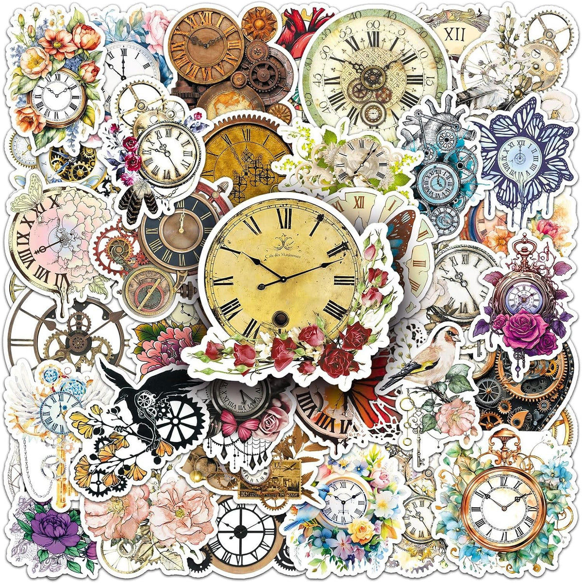50Pcs Vintage Floral Clock Stickers, Waterproof Vinyl Mechanical Gear