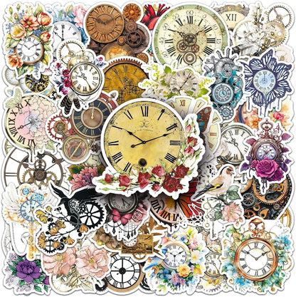 50Pcs Vintage Floral Clock Stickers, Waterproof Vinyl Mechanical Gear