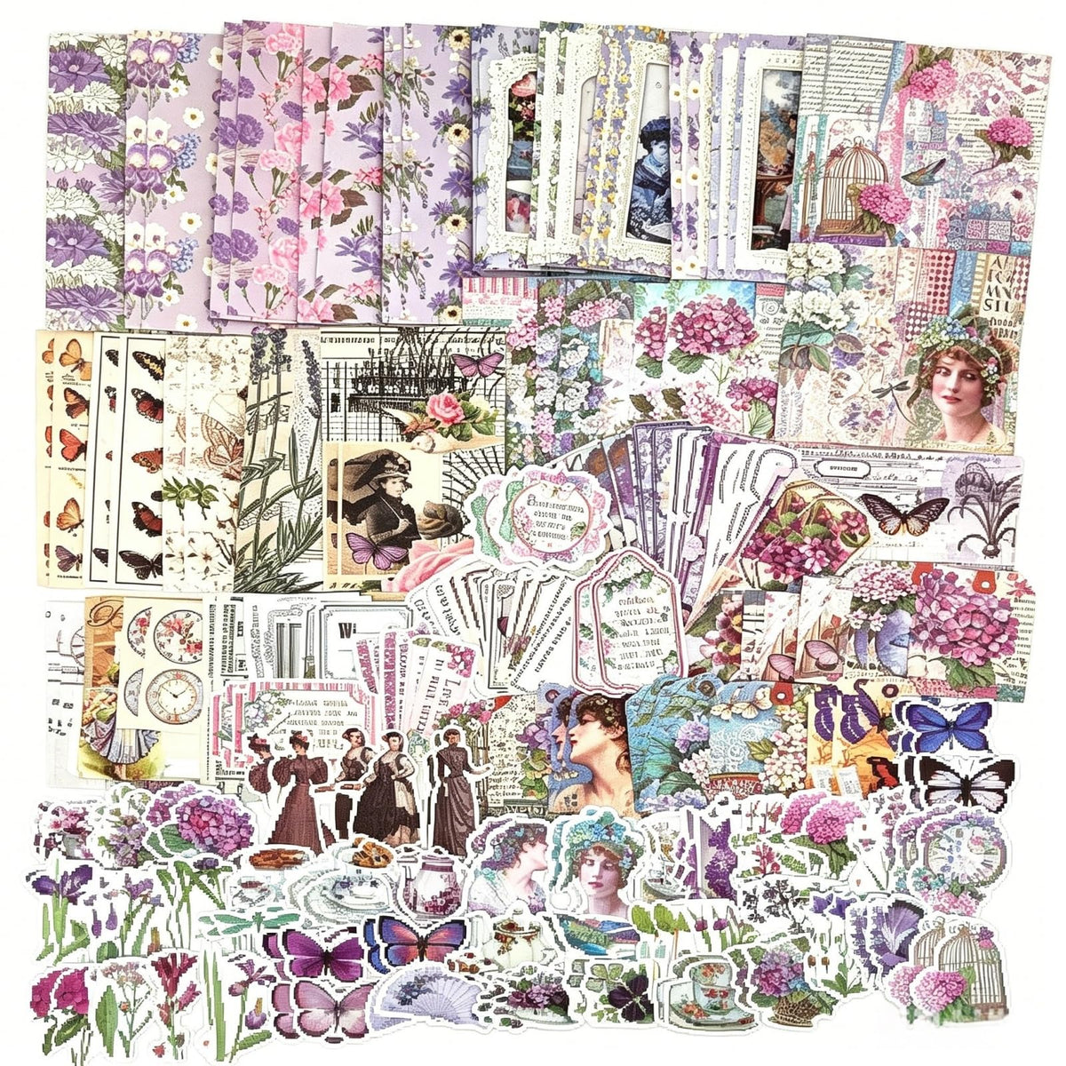 Esweny 260PCS Vintage Journaling Scrapbooking Supplies Scrapbook Sticker Paper Ephemera Pack for Junk Journal Planners Collage Craft Notebooks Album (Flowers and Butterflies)