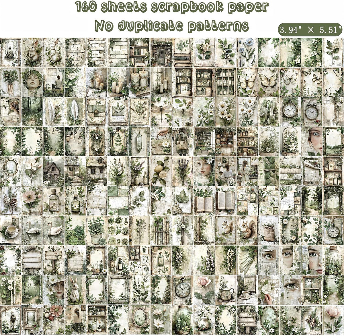 160 Sheets Vintage Flower Scrapbook Paper Green Collage Flowers No Repeating Patterns Perfect for Junk Journal DIY Cards Craft Albums Scrapbooking Supplies (Green, 3.9 x 5.5 inches)