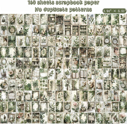 160 Sheets Vintage Flower Scrapbook Paper Green Collage Flowers No Repeating Patterns Perfect for Junk Journal DIY Cards Craft Albums Scrapbooking Supplies (Green, 3.9 x 5.5 inches)